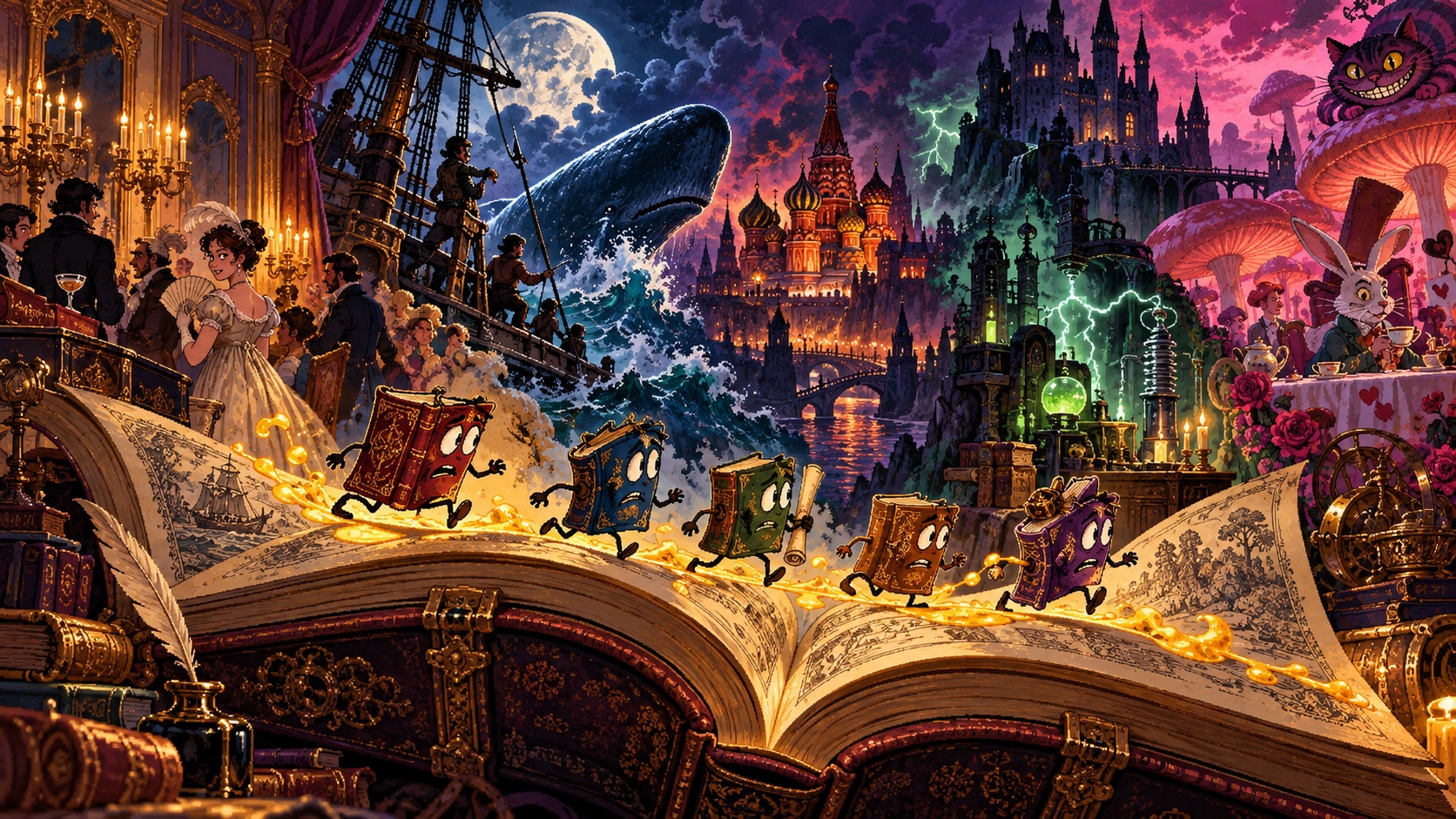 An enormous open book unfolds into Regency society, a moonlit whaling voyage, burning Moscow, a Gothic laboratory and Wonderland, as five little books run for it across the pages.