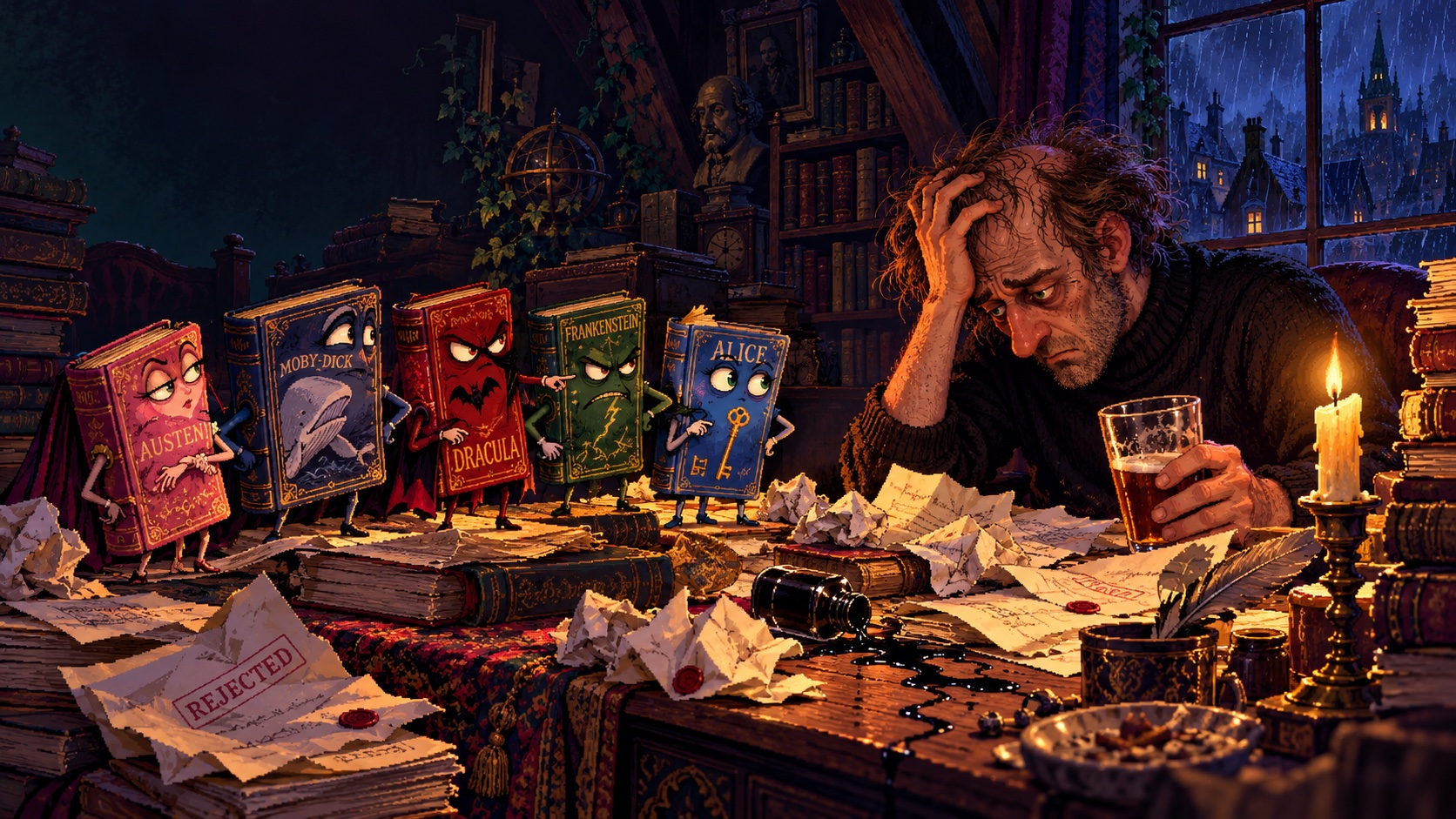 Gideon slumps over his rejected manuscripts, head in his hand, while five disdainful classic books judge him from across the candlelit desk.