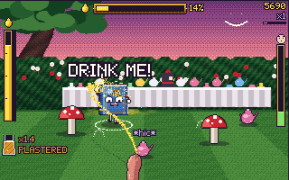 Alice in Wonderland at the Mad Hatter's tea party, with DRINK ME! popping up.